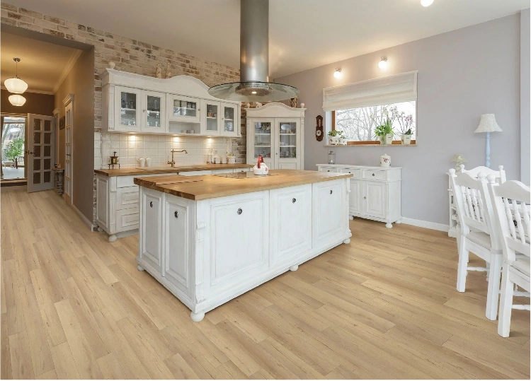 "Sleek kitchen with stylish flooring design"